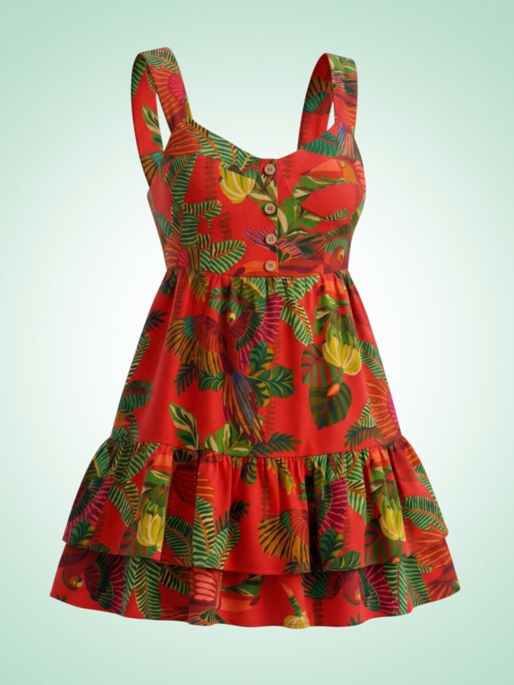 Farm Rio Red Tropical Parrot Linen Blend Ruffle Mini Dress M